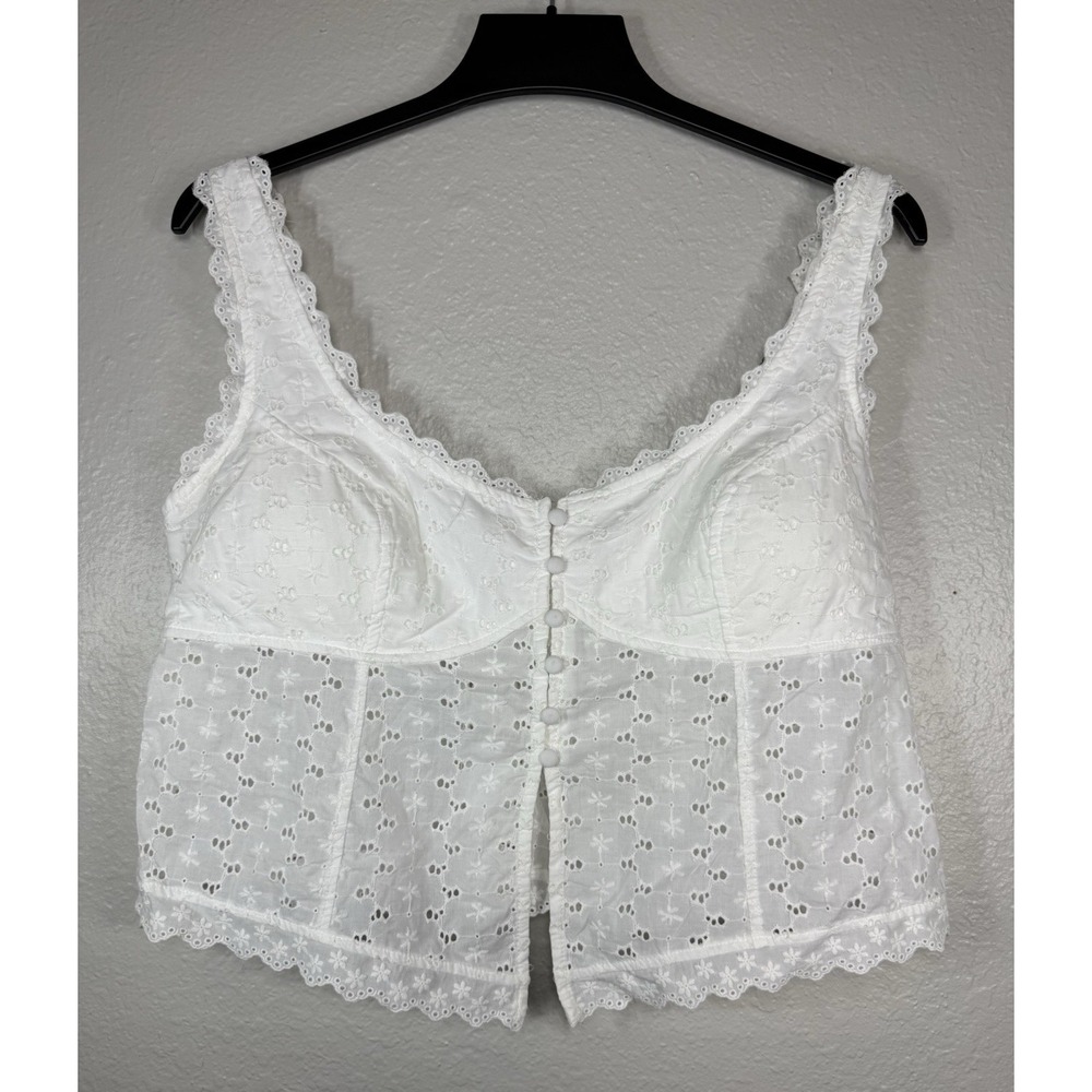 Madden NYC Womens Size L White Eyelet Tank Top Smocked Back Lace Trim